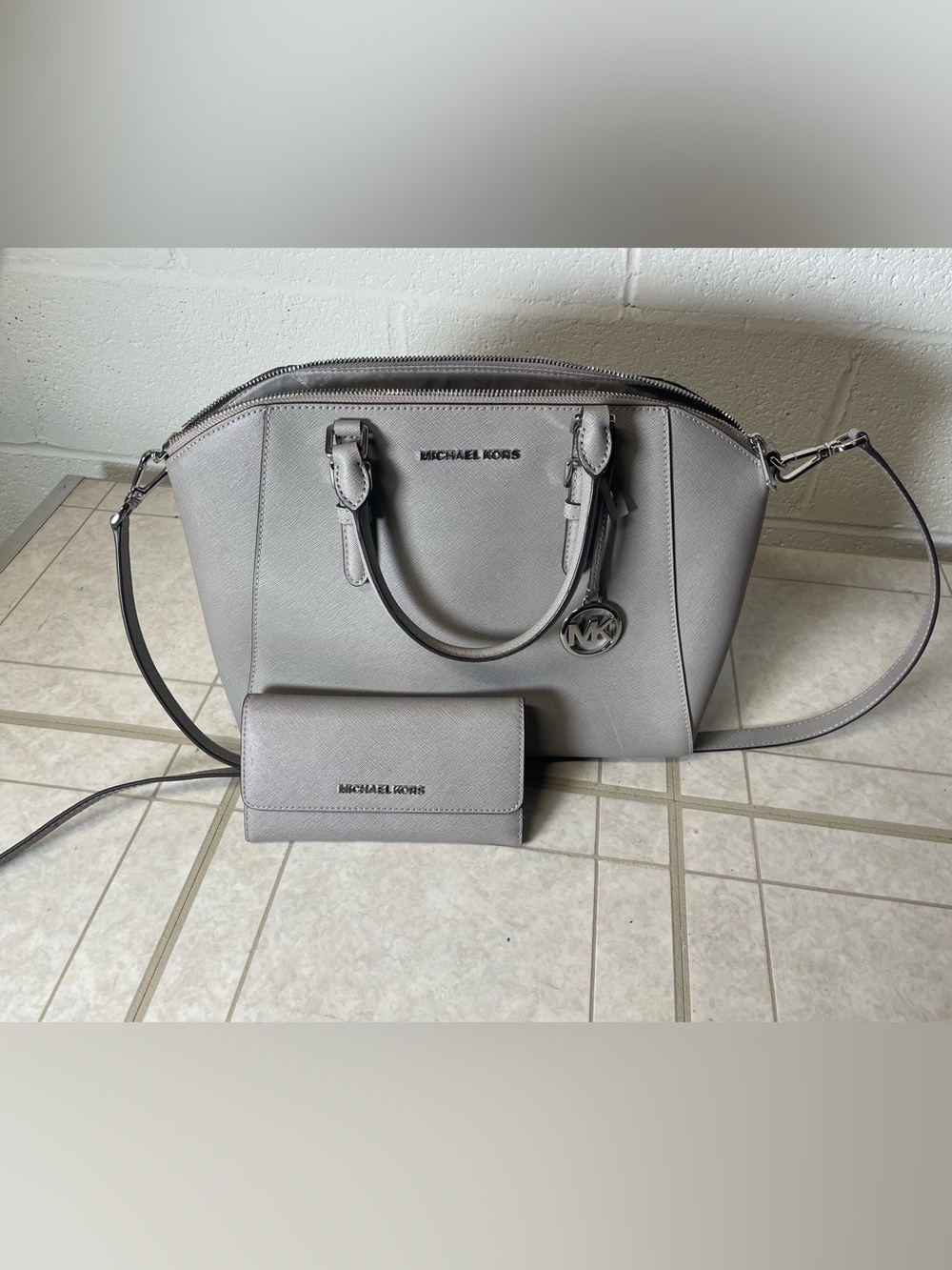 Michael Kors Silver-Gray Saffiano Satchel with Matching Wallet